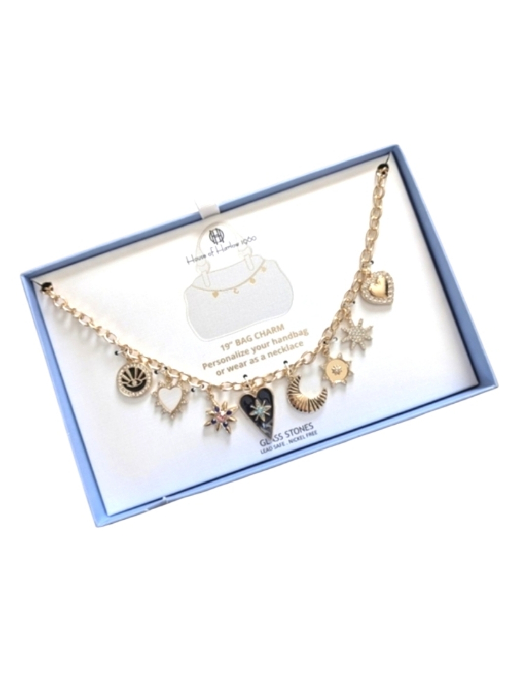 House of Harlow 1960 Bag Charm Necklace Glass Stones Celestial Hearts Stars NEW